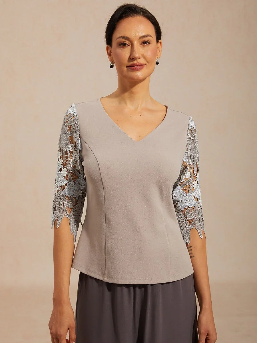V-Neck Lace Sleeve Top with Embroidered Detail