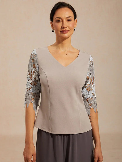 V-Neck Lace Sleeve Top with Embroidered Detail