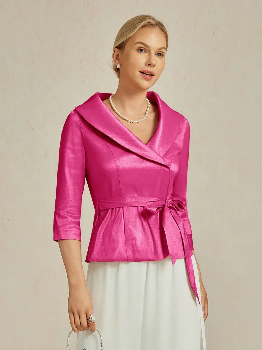 3/4 Sleeve Stretch Taffeta Blouse with Tie Waist Detail