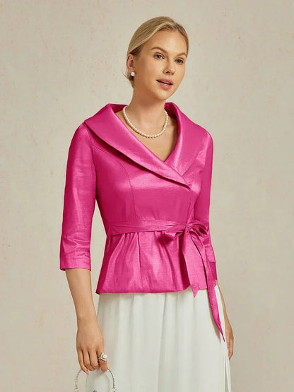 3/4 Sleeve Stretch Taffeta Blouse with Tie Waist Detail