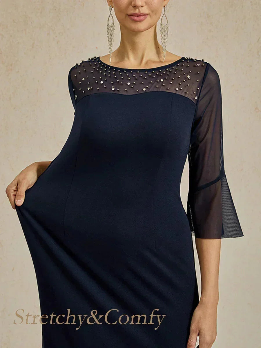 Elegantes Etui-Cocktailkleid mit verziertem Illusionsnetz-Ausschnitt