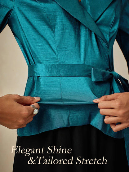 3/4 Sleeve Stretch Taffeta Blouse with Tie Waist Detail