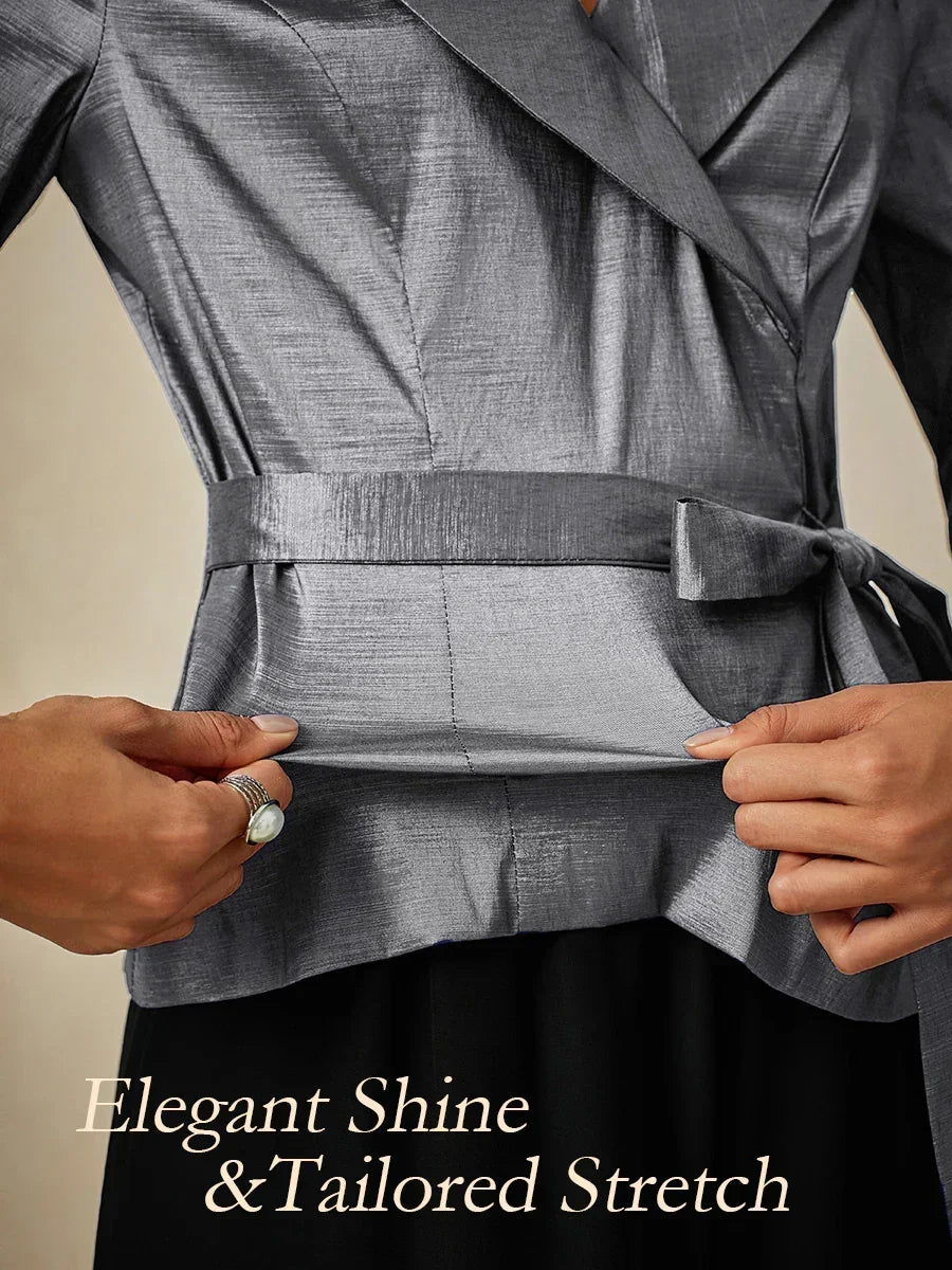 3/4 Sleeve Stretch Taffeta Blouse with Tie Waist Detail