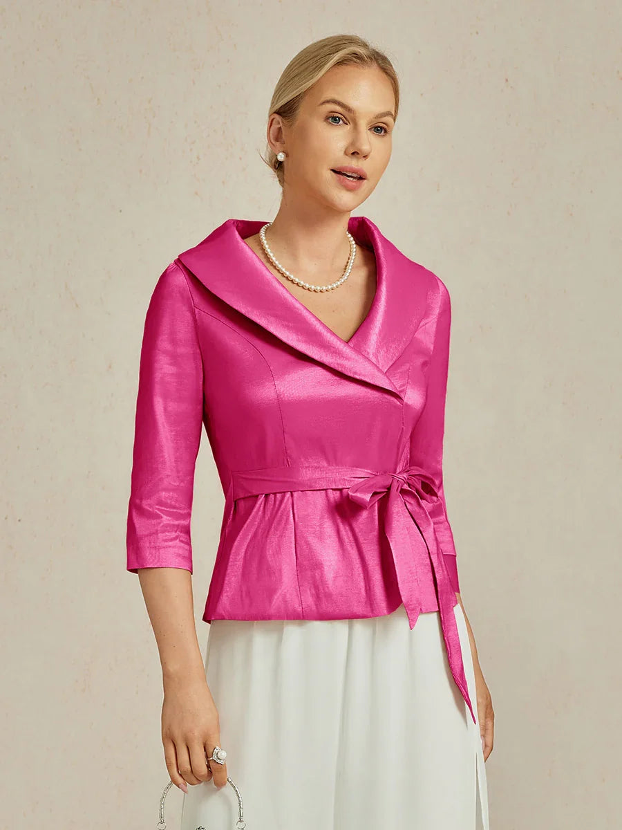 3/4 Sleeve Stretch Taffeta Blouse with Tie Waist Detail