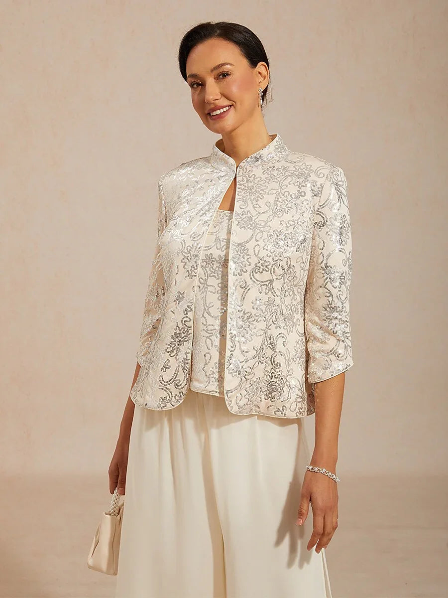 Elegant Mandarin Collar Sequin Twinset