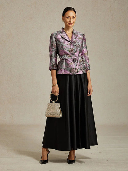 Dreiviertelärmelige Bluse mit floralem Jacquardmuster und Bindegürtel