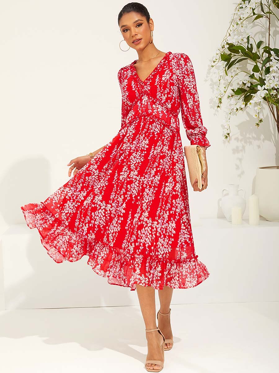 Red Floral Swing Chiffon Maxi Dress