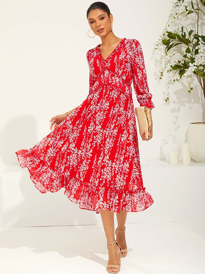 Red Floral Swing Chiffon Maxi Dress
