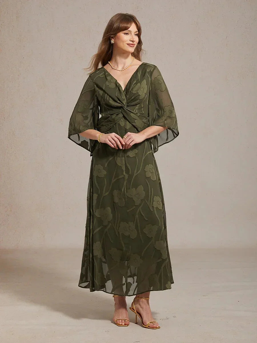 Robe longue en mousseline à volants, torsadée, à motif floral en dentelle