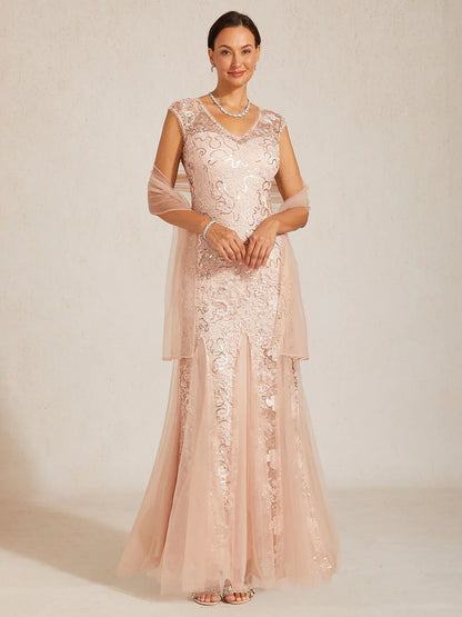 Sequin Mesh Mermaid Evening Gown with Sheer Shawl