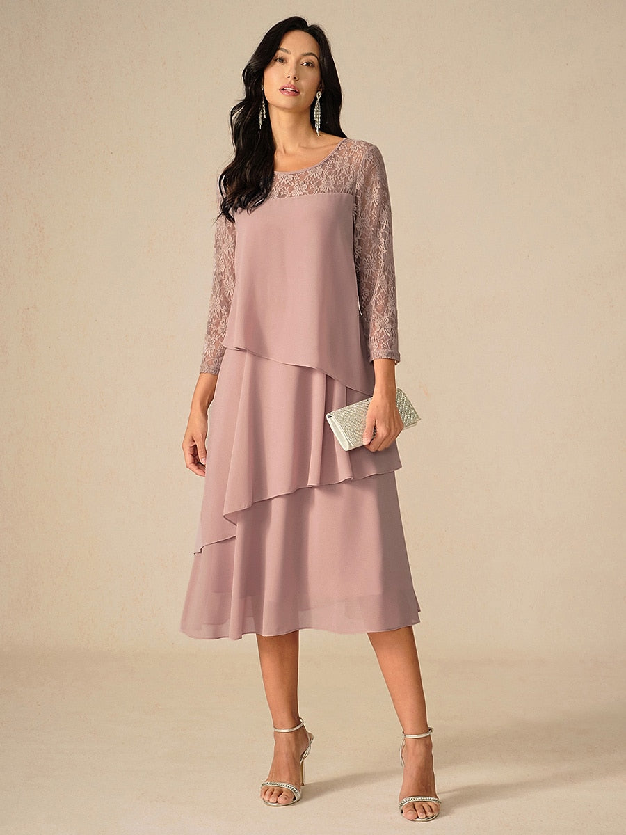 Layered Lace Sleeve Chiffon Dress