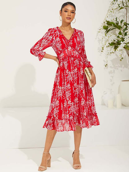 Red Floral Swing Chiffon Maxi Dress