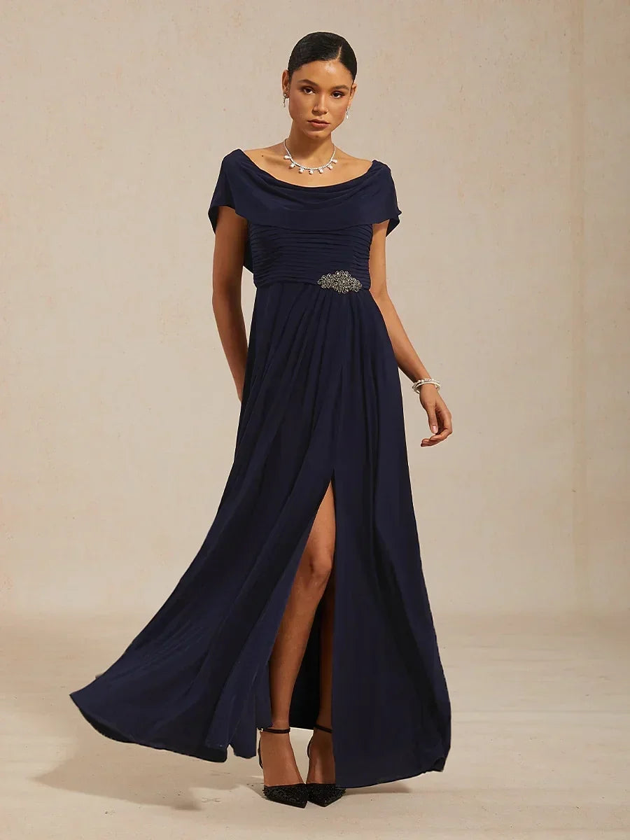 Draped Neck Jersey Evening Dress with Pleated Bodice
