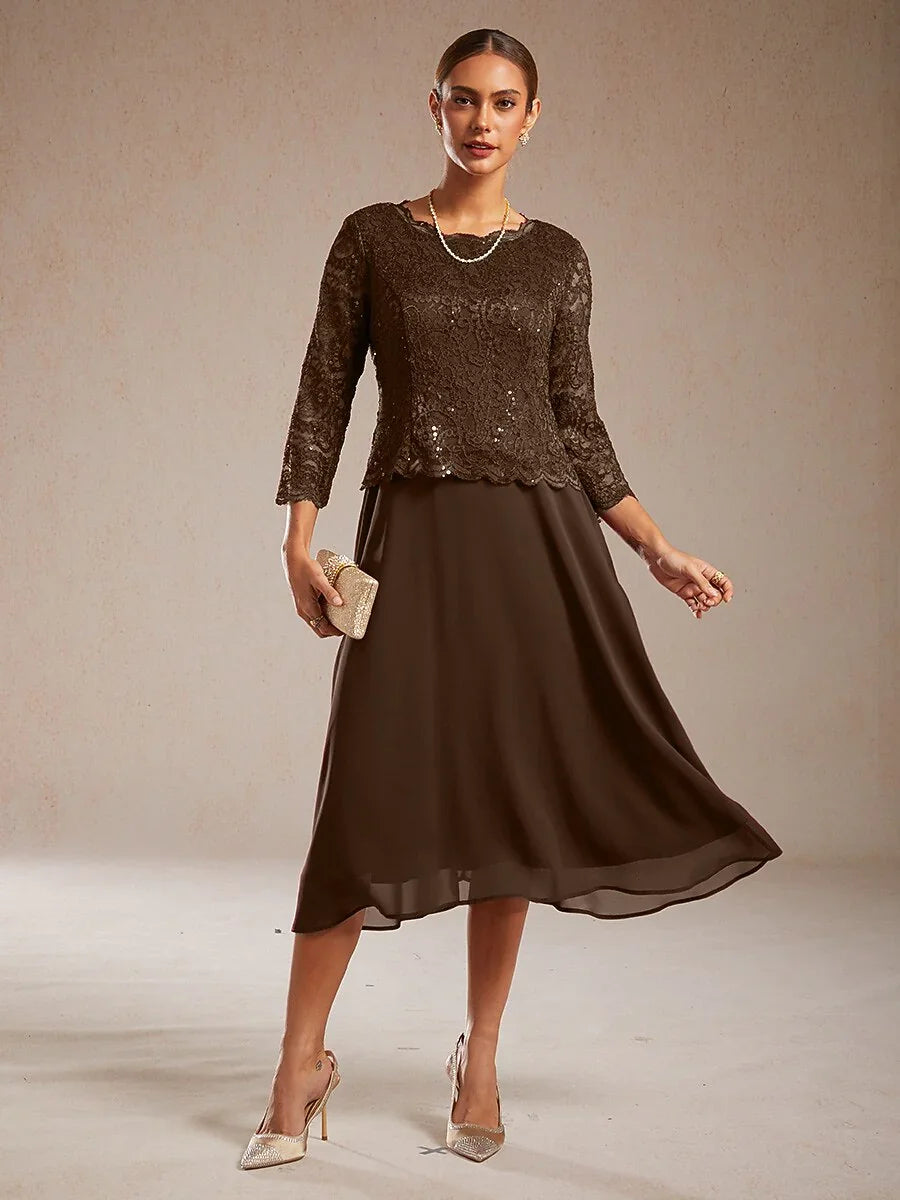 Robe élégante en dentelle et mousseline de soie, longueur thé
