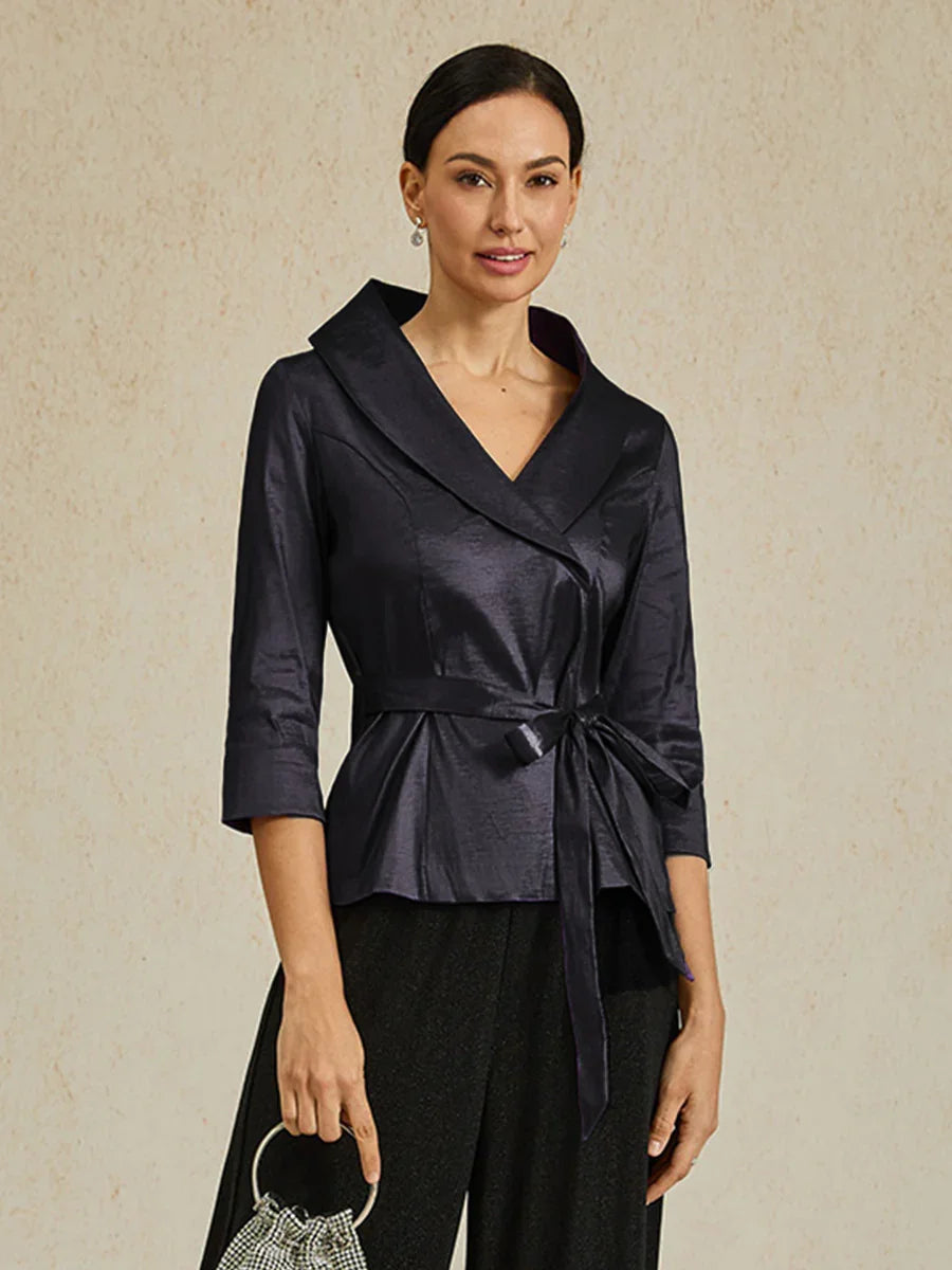 3/4 Sleeve Stretch Taffeta Blouse with Tie Waist Detail