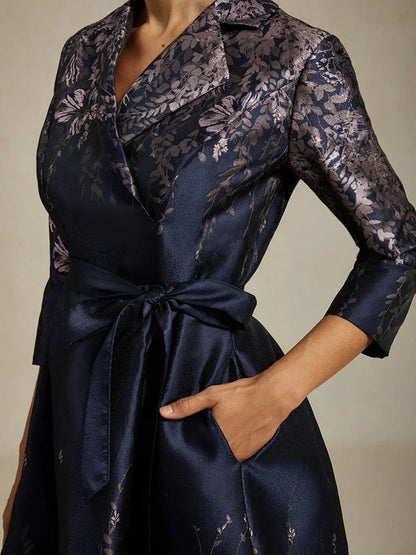Robe chemise à imprimé jacquard fleuri avec ceinture et poches latérales