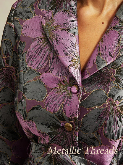 Dreiviertelärmelige Bluse mit floralem Jacquardmuster und Bindegürtel