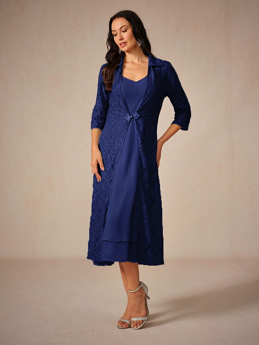 Chiffon Solid Color Lace Dress Set