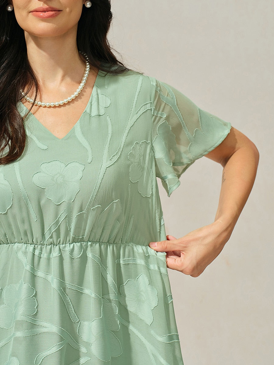 Lace V Neck Ruffle Layered  Flutter Dress