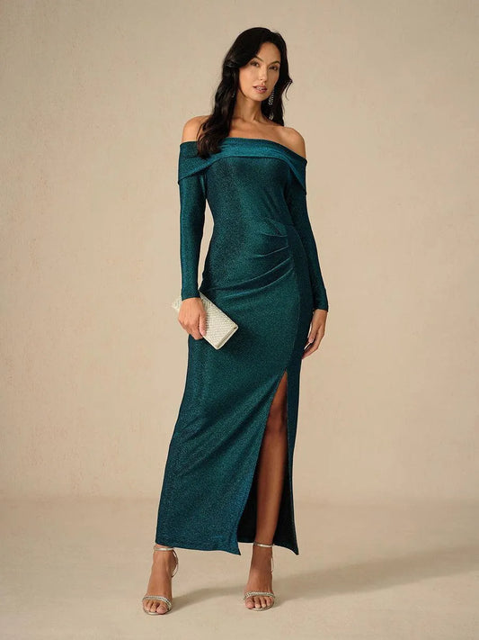Elegant Teal Off-Shoulder Ruched Gown