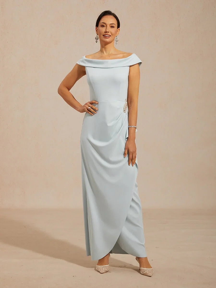 Off Shoulder Ruched Maxi Dress with Rhinestone Embellishment