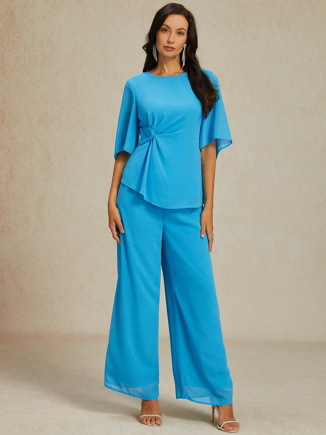 Blue Ruched Crew Neck Two-piece Set