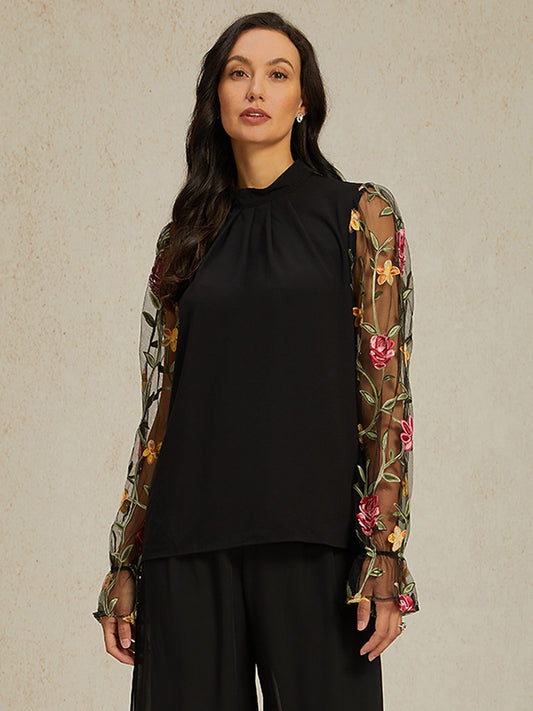 Floral Embroidery Mesh Modest Tops
