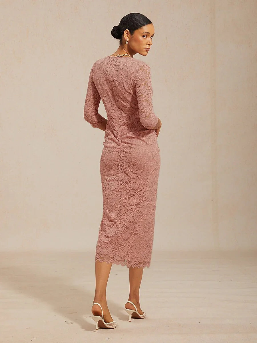 Lace Ruched Midi Dress with Front Slit