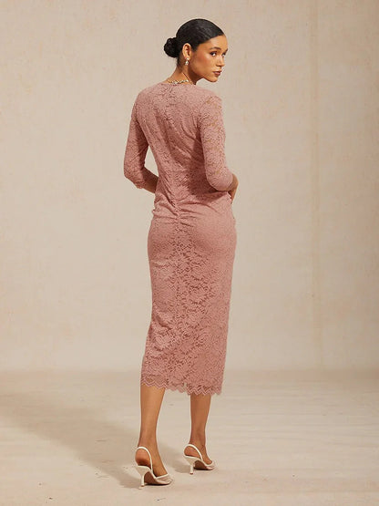 Lace Ruched Midi Dress with Front Slit