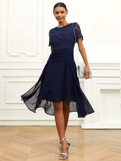 Ruched Chiffon Lace Midi Dress