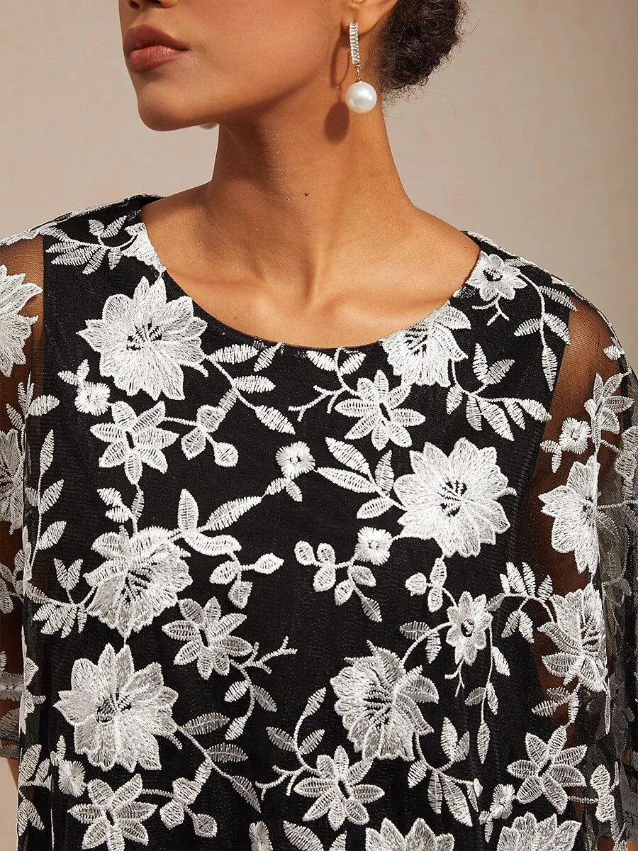 Embroidered Mesh Lace Top with Batwing Sleeves