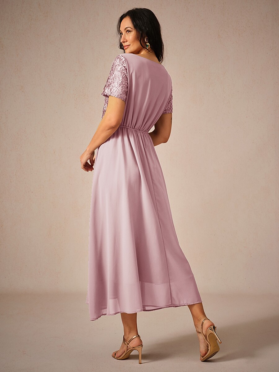 Chiffon Lace V Neck Short Sleeve Flared Midi Dress