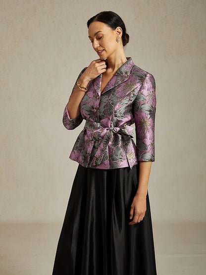 Dreiviertelärmelige Bluse mit floralem Jacquardmuster und Bindegürtel