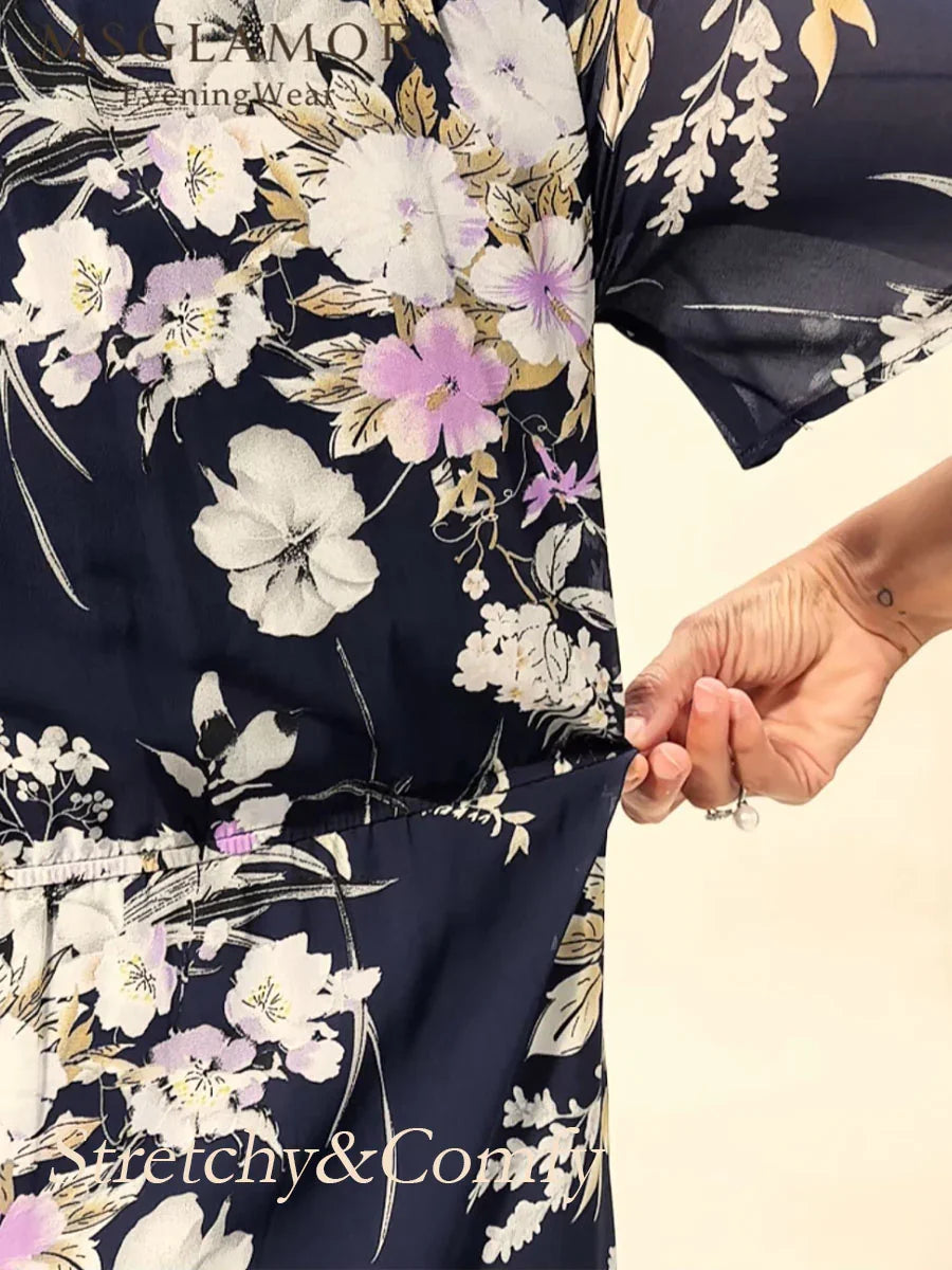 Floral Chiffon V Neck Ruffle Midi Dress