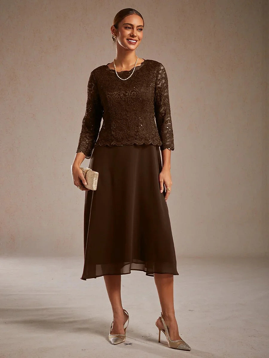 Robe élégante en dentelle et mousseline de soie, longueur thé