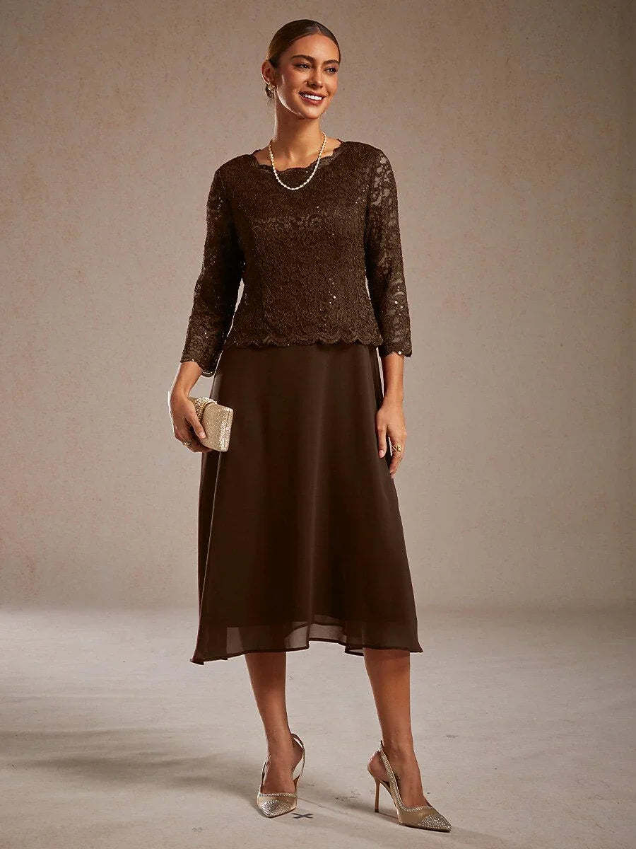 Elegant Lace and Chiffon Tea-Length Dress