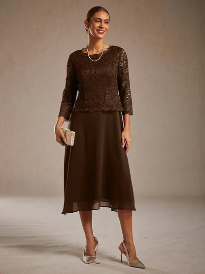 Elegant Lace and Chiffon Tea-Length Dress