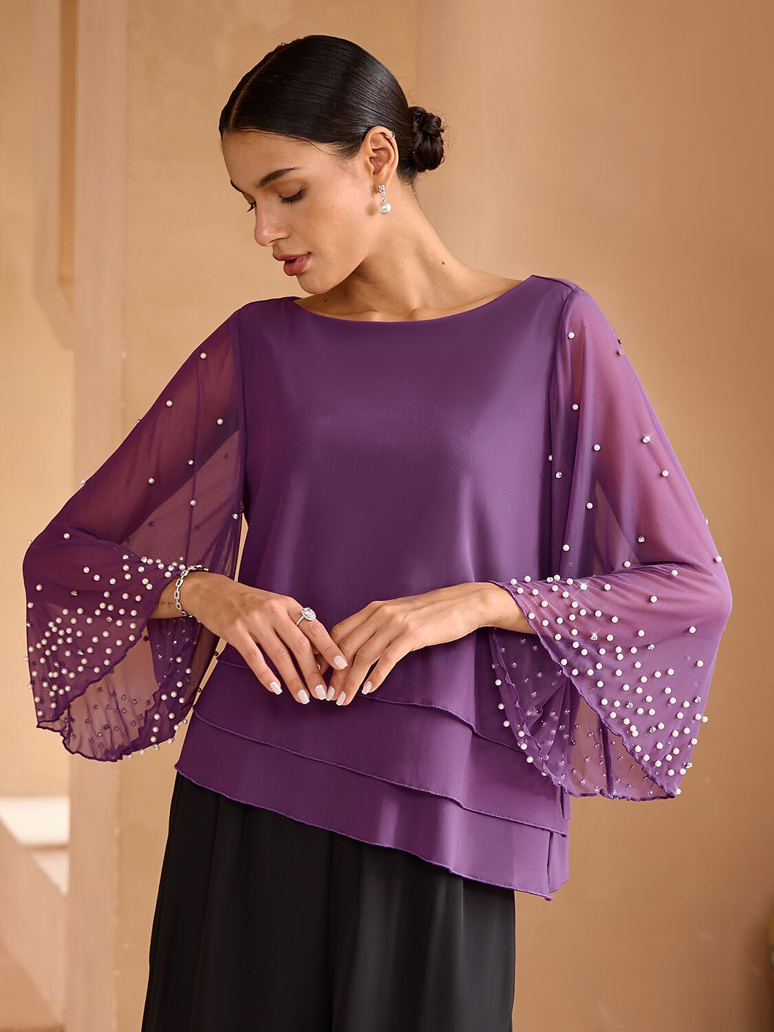 Beaded Layered Mesh Blouse