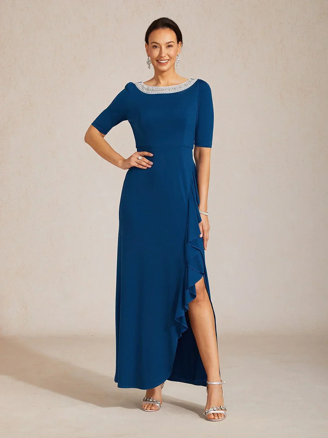 Boat Neck Ruffle A-Line Maxi Dress with Rhinestone Neck Detail