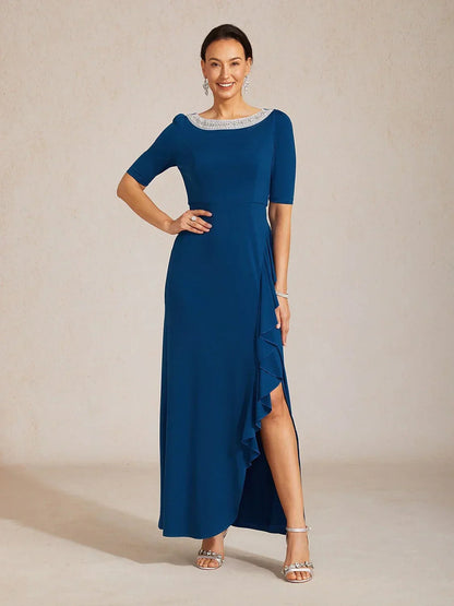 Boat Neck Ruffle A-Line Maxi Dress with Rhinestone Neck Detail