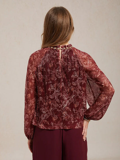 Ruffled Cold Shoulder Chiffon Blouse with Metallic Detail