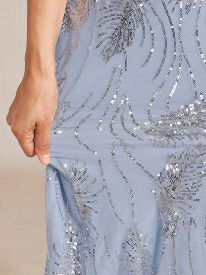 Short Sleeve A-Line Maxi Dress with Mesh Sequin Detail