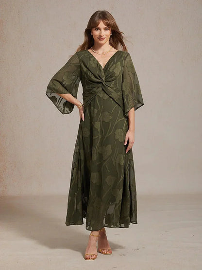 Robe longue en mousseline à volants, torsadée, à motif floral en dentelle