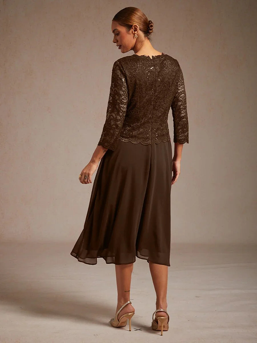 Robe élégante en dentelle et mousseline de soie, longueur thé