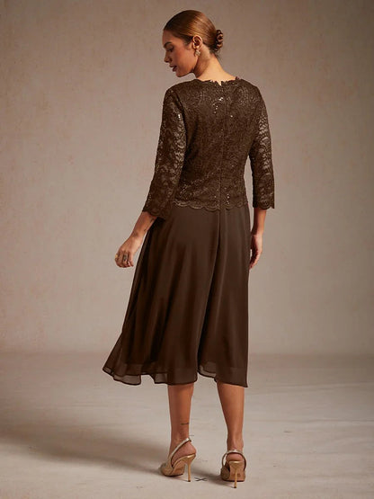 Robe élégante en dentelle et mousseline de soie, longueur thé