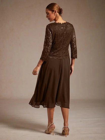 Elegant Lace and Chiffon Tea-Length Dress