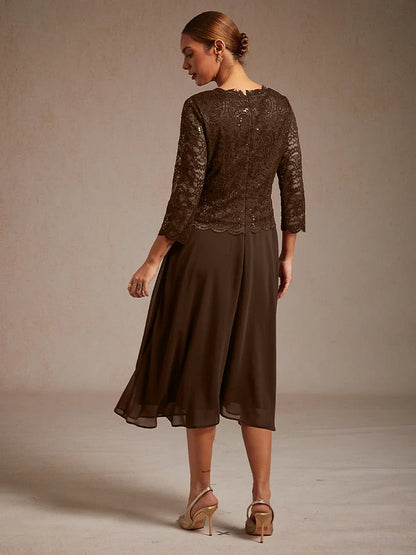 Elegant Lace and Chiffon Tea-Length Dress