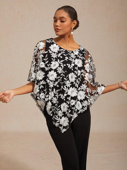 Embroidered Mesh Lace Top with Batwing Sleeves