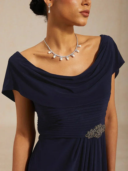 Draped Neck Jersey Evening Dress with Pleated Bodice