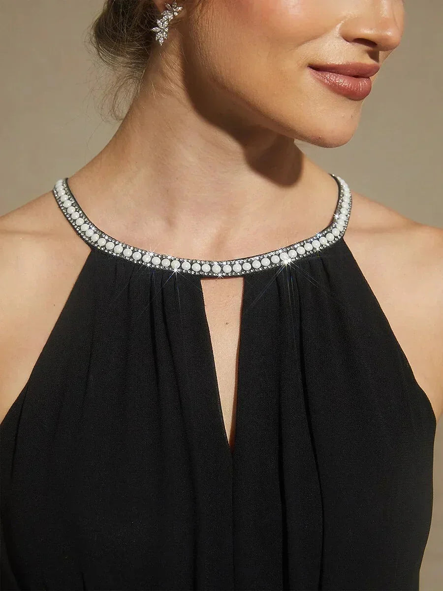Chiffon Pearl Halter Neck Floor-Length Dress